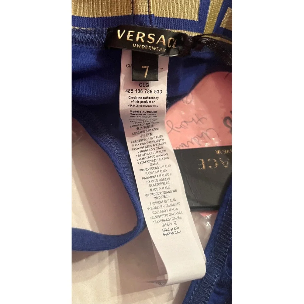 Versace Men's Thong Briefs‎ Underwear Blue with Gold Logo Size 7 or XL